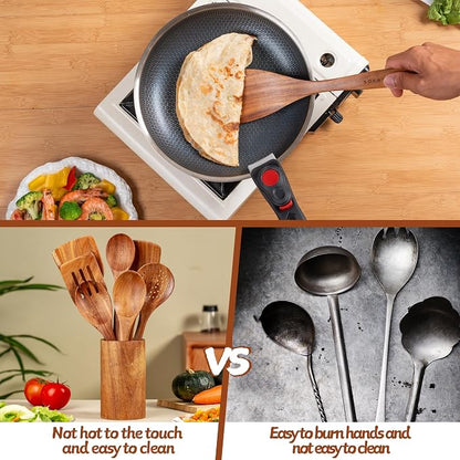 Wooden Spoons for Cooking, 9Pcs Natural Teak Wooden Utensils for Cooking Wooden Kitchen Utensils Set and Holde Cooking Utensils Set(9 Pcs)