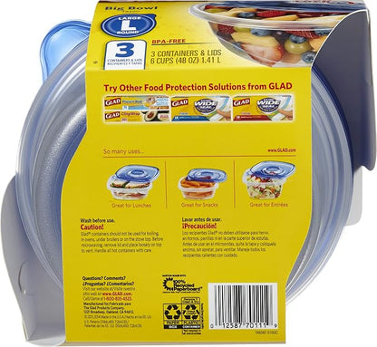 Glad GladWare Big Bowl Food Storage Containers with Lids, Large Round No BPA Plastic Containers for Soups, Salads, and Meal Prep, Lock Tight Seal, Microwave Dishwasher Safe, 48 Oz, 3 Count - 6 Pack