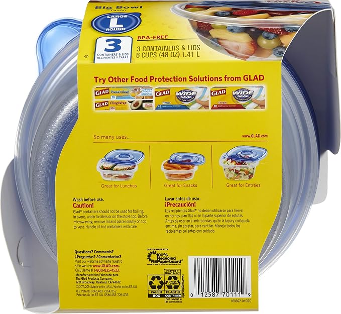 Glad GladWare Big Bowl Food Storage Containers with Lids, Large Round No BPA Plastic Containers for Soups, Salads, and Meal Prep, Lock Tight Seal, Microwave Dishwasher Safe, 48 Oz, 3 Count