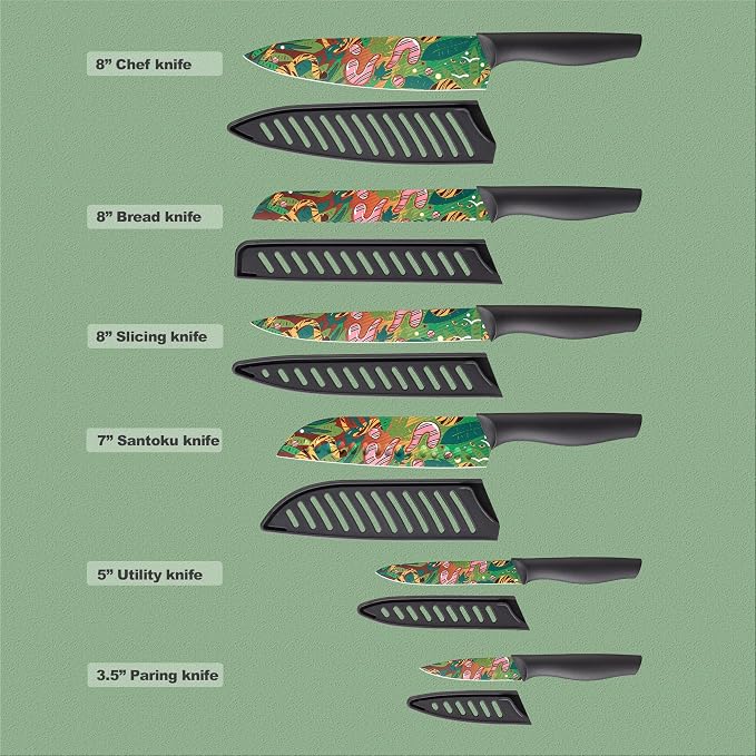 Marco Almond Knife Set Artistic Designed Pattern Kitchen Knife 6 Stainless Steel Kitchen Knives w 6 Blade Guards, Dishwasher Safe Knives for Family Kitchen Knives Set for Chefs