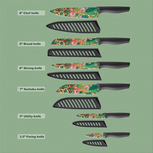 Marco Almond Knife Set Artistic Designed Pattern Kitchen Knife 6 Stainless Steel Kitchen Knives w 6 Blade Guards, Dishwasher Safe Knives for Family Kitchen Knives Set for Chefs