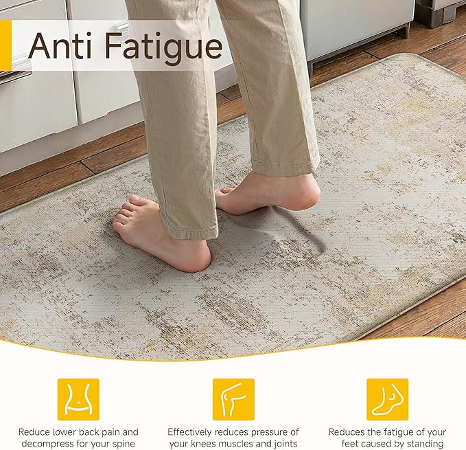 Kitchen Mats for Floor Anti Fatigue Waterproof Kitchen Rug Beige Grey Abstract Cushioned Non-Slip Kitchen Mats Comfort Standing Neutral Mat for Sink Laundry Office 17.3"×59"