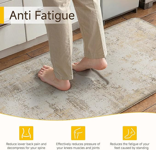 Kitchen Mats for Floor Set of 2 Anti Fatigue Waterproof Kitchen Rug Beige Grey Abstract Cushioned Non-Slip Kitchen Mats Comfort Standing Neutral Mat for Sink Laundry Office 17.3"×47"+17.3"×30"
