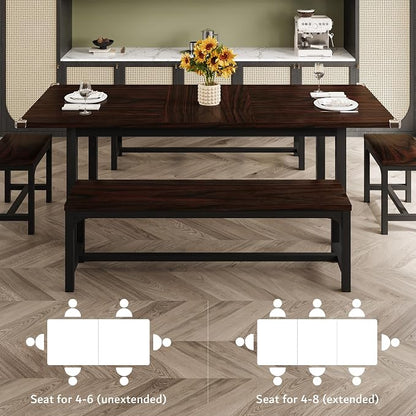 iPormis 5-Piece Dining Table Set for 4-8 People, Extendable Kitchen Table Set with 2 Benches and 2 Square Stools, Mid-Century Dining Room Table with Metal Frame & MDF Board, Saving Space, Espresso