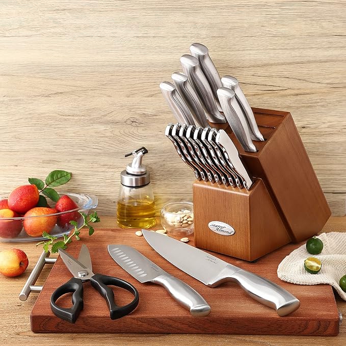 Marco Almond MA22 Knife Sets, 19 Pieces Stainless Steel Hollow Handle Kitchen Knives Block Set