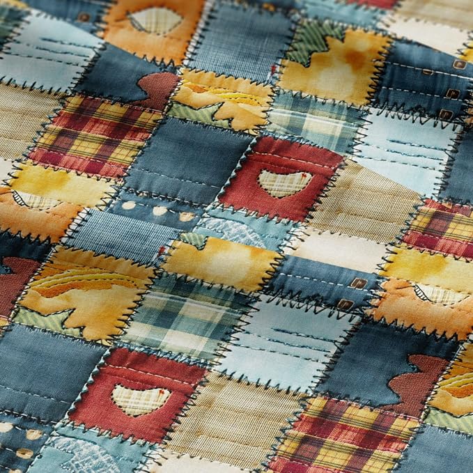 Patchwork Cotton Fabric Panel 61 x 36.6 Inches, Rustic Quilt Style Squares with Heart Motifs, Multicolor Vintage Design, 100% Cotton 140 GSM