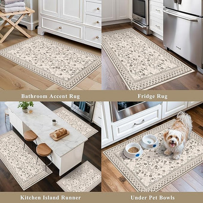 3-Piece Kitchen Rugs Set for Floor, Washable Non-Slip Farmhouse Kitchen Mats for Hardwood Floor, Rustic Floral Boho Runner Rug for Sink,Entryway & Hallway & Bathroom (Beige/Brown/Floral,2x3-2x4-2x5)