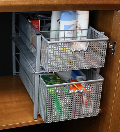 Deco Brothers Stackable Pull Out Cabinet Sliding Basket with Dividers, Large, Silver