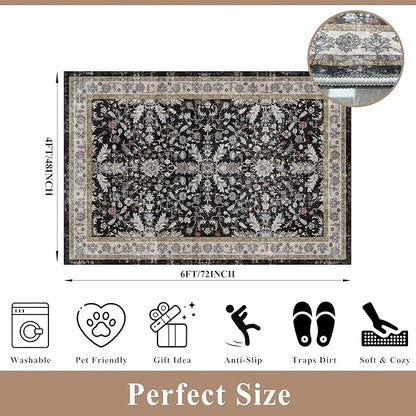 4x6 Kitchen Rug Non-Slip Washable – Boho Vintage Low-Pile Soft Area Carpet for Entryway, Bedroom, Living Room – Stain-Resistant Thin Indoor Rug for Families and Pet Owners (Black, 4x6)
