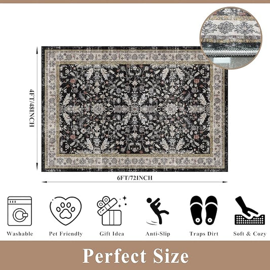 4x6 Kitchen Rug Non-Slip Washable – Boho Vintage Low-Pile Soft Area Carpet for Entryway, Bedroom, Living Room – Stain-Resistant Thin Indoor Rug for Families and Pet Owners (Black, 4x6)
