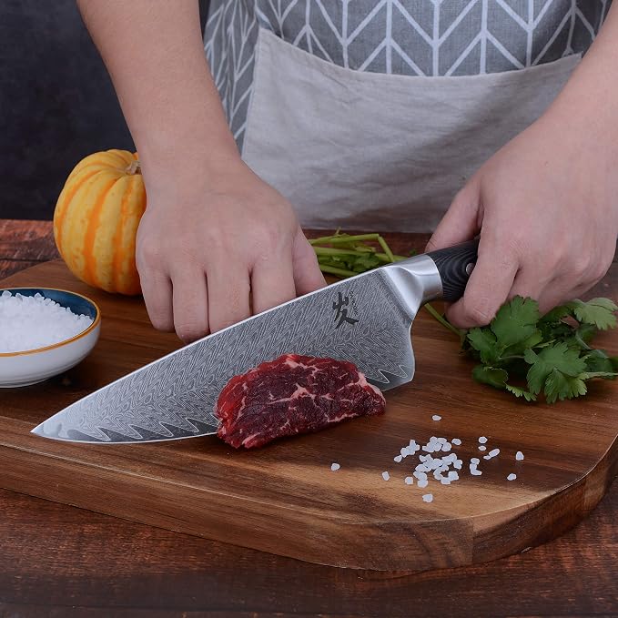 SAMCOOK Damascus Chef Knife - 8 Inch Professional Sharp Kitchen Knife - Japanese VG-10 High Carbon Stainless Steel Gyuto Cooking knife - Ergonomic Micarta Wood Handle with Gift Box