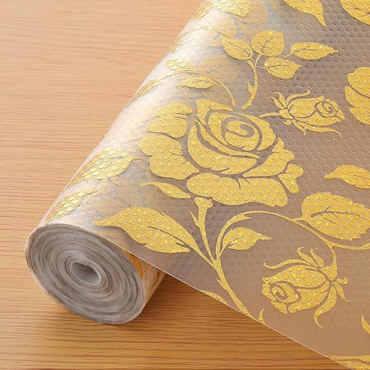 INNOLITES Shelf Liner for Cabinets, Non-Adhesive for Kitchen Drawer Liner, Waterproof Shelf Paper with Floral Pattern, Durable Easy to Clean (Golden Rose, 11.8" x 240")
