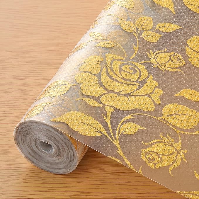 INNOLITES Shelf Liner for Cabinets, Non-Adhesive for Kitchen Drawer Liner, Waterproof Shelf Paper with Floral Pattern, Durable Easy to Clean (Golden Rose, 17.5" x 360")