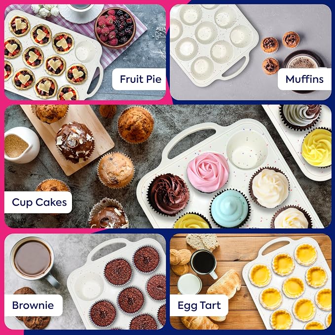 RICCLE Silicone Muffin Pans for Baking with Metal Reinforced Frame, 12-Cup Cupcake Pan, 2 Pcs Muffin Trays for Cupcake Baking, Tray Molds, Oven & Dishwasher Safe, BPA-Free (2 x Standard)