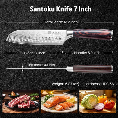 PAUDIN 7" Santoku Japanese Chef Knife – Forged High Carbon German Stainless Steel (58±2 HRC) – Ultra Sharp Razor Edge & Long-Lasting – Ergonomic Pakkawood Handle – Gift for Home Cook & Pro Chef