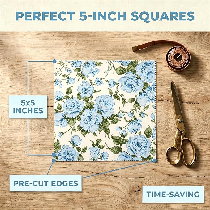 Nodsaw 42pcs 5" Vintage Blue Floral Cotton Fabric Squares - Precut Fabric Quilting Charm Pack - Assorted Print Quilt Fabric Squares 5x5 inch for Sewing, DIY Crafts, and Home Decor, Sunshine Blooms