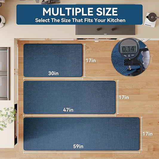 YDKGL Kitchen Mats for Floor, Super Absorbent Kitchen Rugs Non Slip Washable, Soft Imitation Linen Braided Kitchen Runner Rug, Standing Mat Sink Mat, Easy to Clean, Blue 17x59