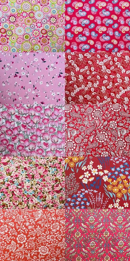 HANPATQUI 50PCS 5 x 5 inch 100% Cotton Fat Quarters Fabric for Sewing and Quilting Bundles Precut Fabric Square for DIY Craft Patchwork-Red Printed