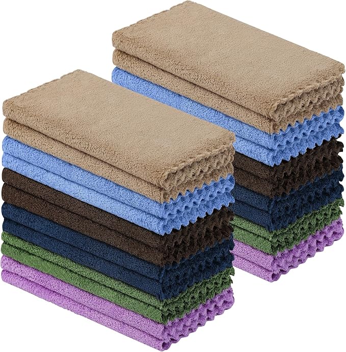 Kitinjoy 24 Pack Kitchen Dish Cloths, Super Soft and Absorbent Coral Velvet Dish Towels (10 x 10 Inches, White/Tan/Grey/Navy Blue/Brown/Grass Green)