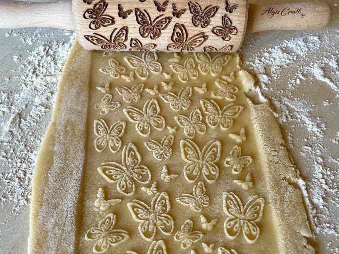 SUMMER 3 KID Rolling Pin SET. Wooden Laser Cut Mini Rolling Pins for cookies, play dough, salt dough or clay Butterfly, Music Flower by Algis Crafts