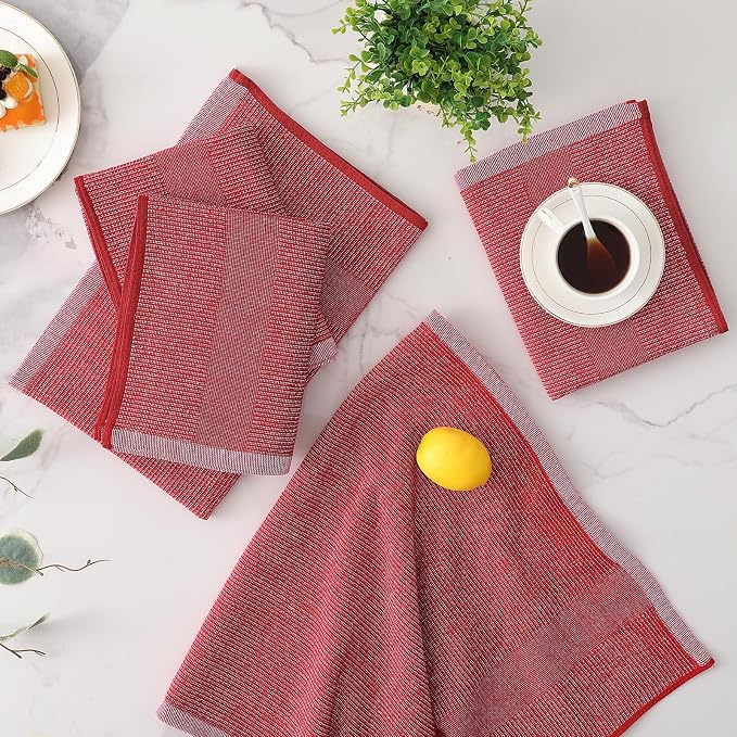Mordimy Premium Kitchen Towels 6 Pack (18 x 28 Inches, Red), Large Cotton Kitchen Hand Towel, Flat & Terry Dish Towels for Drying Dishes, Super Absorbent Tea Dishtowels Set with Hanging Loop