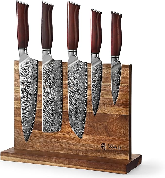 Wakoli Rose Elegance 5-Piece Damascus Knife Block Set, VG10 Core 67-Layer Damascus Steel Kitchen Knives with Magnetic Acacia Wood Block, Ergonomic Rosewood Handles, Gift Box, Hand Wash Only