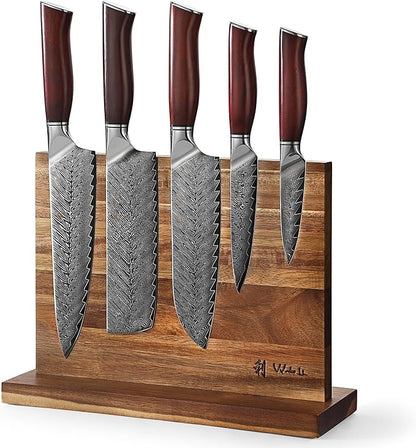 Wakoli Rose Elegance 5-Piece Damascus Knife Block Set, VG10 Core 67-Layer Damascus Steel Kitchen Knives with Magnetic Acacia Wood Block, Ergonomic Rosewood Handles, Gift Box, Hand Wash Only