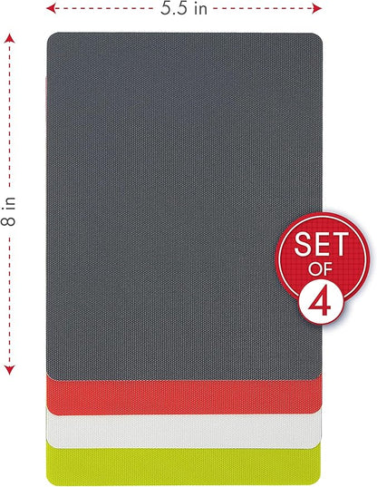 Dexas Heavy Duty Cutting Board Grippmat, Flexible Cutting Boards for Kitchen, Set of 4, Non Slip Plastic Board Cutting Mat 5.5 by 8 Inches Gray, Red, White and Green Set, Kitchen Gadgets
