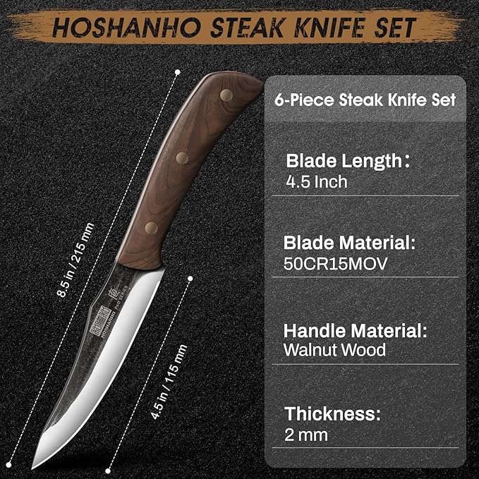 HOSHANHO Steak Knives Set of 6, Ultra Sharp 4.5 Inch Non Serrated Steak Knife Set, Hand Forged High Carbon Steel Dinner Steak Knives with Full Tang Wood Handle