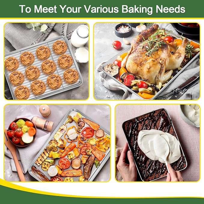 E-far Baking Sheet with Cooling Rack Set (3 Pans + 3 Racks), 16/12.5/9.3 Inch Stainless Steel Cookie Sheets Baking Pans and Wire Rack for Oven, Non Toxic & Easy Clean