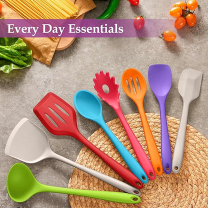LIANYU 8Pcs Kitchen Cooking Utensils Set, Silicone Utensils Spatula Set, Heat Resistant Cooking Gadgets for Nonstick Cookware, Include Silicone Spoon, Turner, Spatula, Ladle, Multi-Color