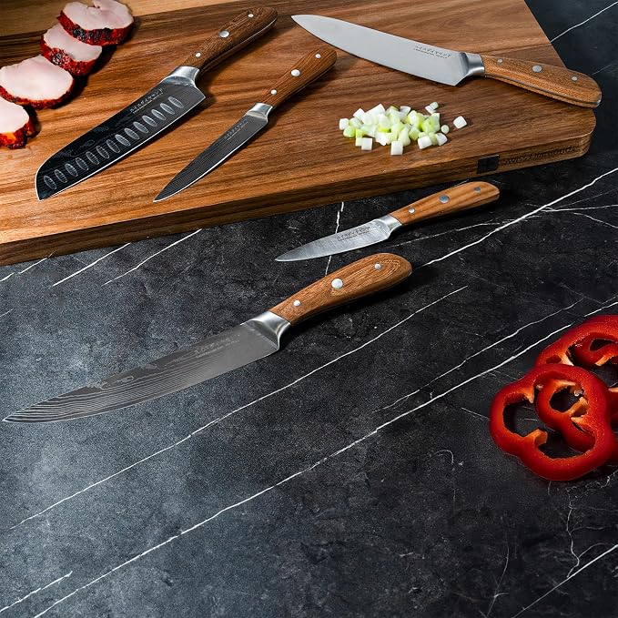 Swiss Diamond Chef Knife Set, German Steel with Carbonized Ash Wood, Full Tang Handle, Damascus Blade Chef Knives Professional Grade, 55+2 Rockwell Hardness, Set Of 5