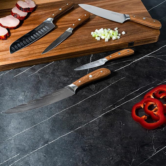 Swiss Diamond Chef Knife Set, German Steel with Carbonized Ash Wood, Full Tang Handle, Damascus Blade Chef Knives Professional Grade, 55+2 Rockwell Hardness, Set Of 5