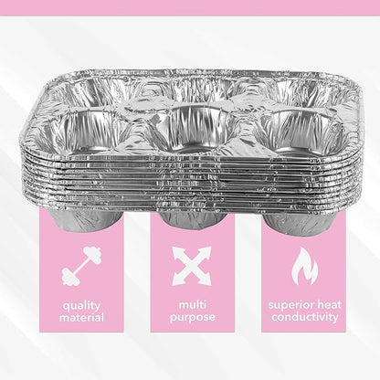PLASTICPRO Aluminum Foil Muffin Pans Reusable and Disposable, Holds 6 Cupcakes/Muffin & Pie foil Pan Pack of 50