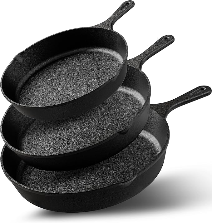 Utopia Kitchen Premium Cast iron Skillets 3 Piece Set, Chef's Pan, Pre Seasoned Frying Pan, 6, 8 & 10 Inches, PFAS-Free, Stovetop, Campfire & Grill Large Skillet, Even Heat Distribution Cast Iron Pan