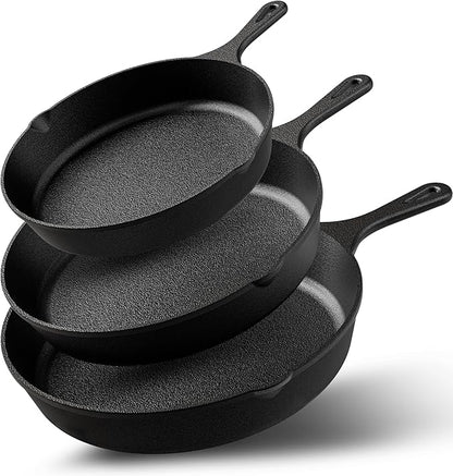 Utopia Kitchen Premium Cast iron Skillets 3 Piece Set, Chef's Pan, Pre Seasoned Frying Pan, 6, 8 & 10 Inches, PFAS-Free, Stovetop, Campfire & Grill Large Skillet, Even Heat Distribution Cast Iron Pan