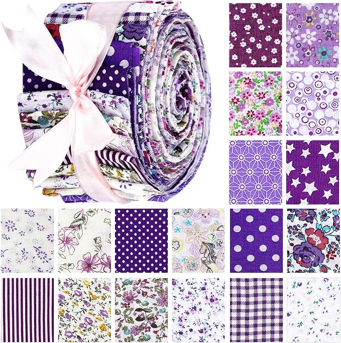 Kingdder Jelly Fabric Quilting Strips, Patchwork Roll 2.55 Inch Roll up Cotton Patchwork Jelly Fabric Craft for Quilters and Sewing DIY Crafts(Purple Flower)