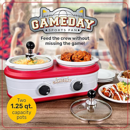 Nostalgia Game Day 2.5-Quart 2-Section Slow Cooker with Lid and Ladle, Keg-Like Design, Cooks Chicken Wings, Meatballs, Chilli, Cheese, Soup, Stews, and More