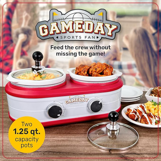 Nostalgia Game Day 2.5-Quart 2-Section Slow Cooker with Lid and Ladle, Keg-Like Design, Cooks Chicken Wings, Meatballs, Chilli, Cheese, Soup, Stews, and More