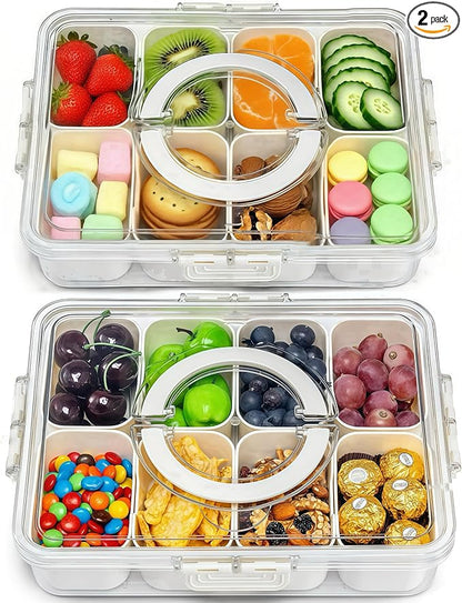 Pure Future 2-Pack Snackle Box Containers with Handles - Divided Serving Tray with Lids, 8 Compartments Charcuterie Box for Travel, Movie Nights & Parties (Hand Wash Only)