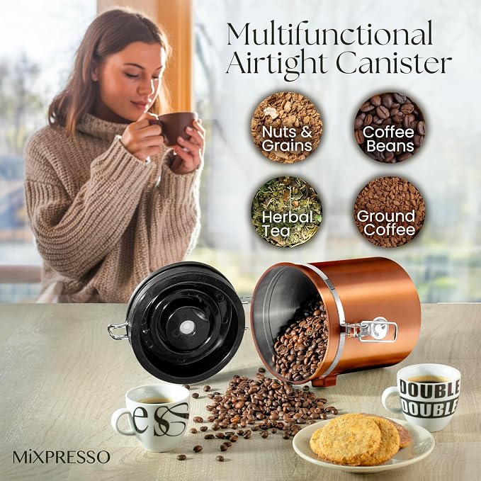 Mixpresso Copper 16 Oz Stainless Steel Coffee Canister with Scoop – Airtight Coffee Container with CO2 Valve for Bean Storage, Date Tracker Lid