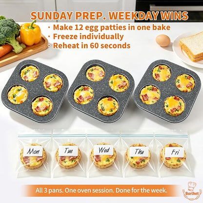 3-Pack 4-Cup Muffin Pan, Nonstick Granite Coating Carbon Steel Cupcake Pan Set, Standard Muffin Tin for Air Fryer Small Oven Baking, Easy Release, Nests Flat for Storage