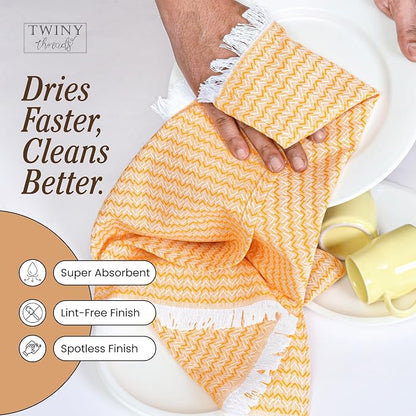 TWINY threads Kitchen Towel Chevron Design, Premium Large Kitchen Linen Set, 100% Cotton Dish Rags, Absorbent Quick Drying Wash Rag for Drying Dishes, Reusable, Set of 4, 16"x26" Inch, Mustard Yellow