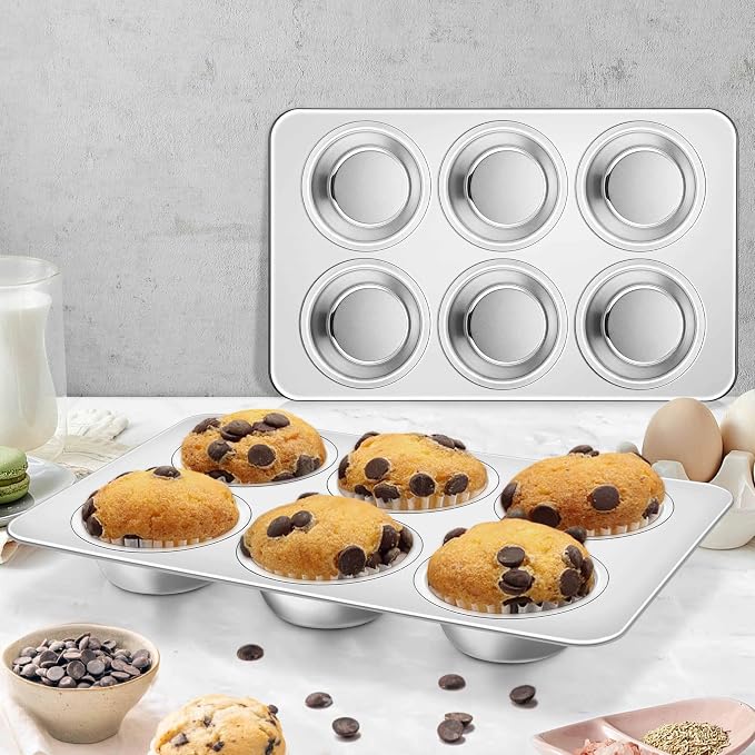 Homikit 1 Pack Muffin Pan, Stainless Steel Cupcake Tin with 6 Cups Regular Size, Thick Metal Egg Bites Bakeware for Oven Baking, Rust Free & Non Toxic, Also Be Snack Tray for Kids, Dishwasher Safe