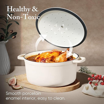 CAROTE 7QT Enameled Cast Iron Dutch Oven Pot with Lid, Heavy-Duty Dutch Ovens for Sourdough Bread Baking, Braising, Stews, Roasting, Healthy & Non-Toxic, Dual Handles, All Stovetop Compatible, Oven Safe up to 500° F, Cream White