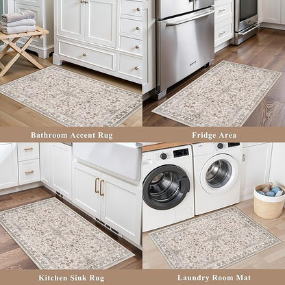 2x3 Non-Slip Washable Kitchen Rug – Boho Small Accent Rug for Sink & Entryway, Soft Low Pile Thin Carpet for Pet Area & Bathroom, Indoor Door Mat (Beige,2x3)