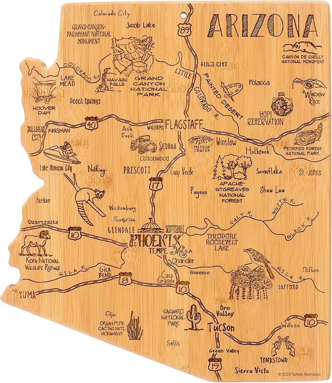 Totally Bamboo Destination Arizona Shaped Cutting Board – Bamboo Charcuterie and Serving Board with Hang Tie for Wall Display