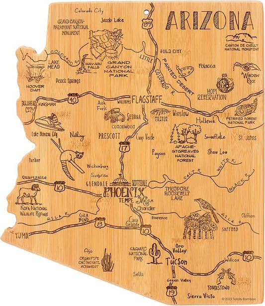 Totally Bamboo Destination Arizona Shaped Cutting Board – Bamboo Charcuterie and Serving Board with Hang Tie for Wall Display