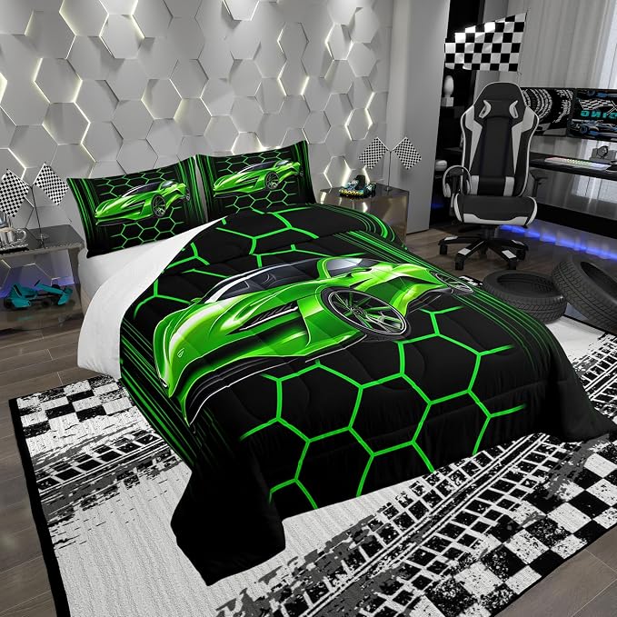 Manfei Honeycomb Geometric Boys Girls Comforter Set Full Size,Racing Car Theme Duvet Set Teens Bedroom Decor,Extreme Sports Microfiber Soft Bedding