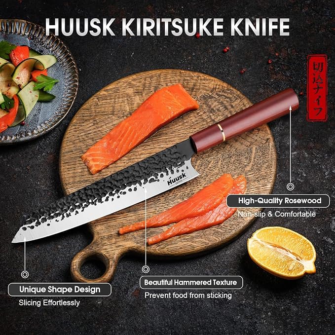 Huusk Japanese Kiritsuke Chef Knife - 8 Inch Kitchen Knives with Gift Box, Hand Forged High Carbon Steel Gyuto Knife, Ergonomic Wood Handle, Multipurpose Meat & Fish Cleaver, Ideal Cooking Gift
